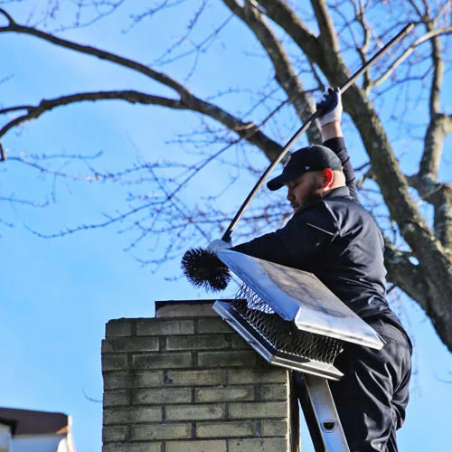 Chimney sweep using a brush beside a covered flue on a residential roof